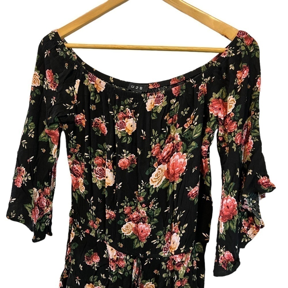 Black Floral Print Off the Shoulder Drawstring Waist Short Romper M - Picture 3 of 10